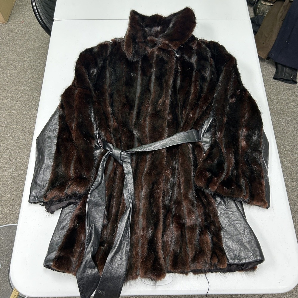 Evans Furs Mink Leather Coat Women Medium Brown Black Vintage Jordan Marsh